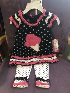 Girls Young Hearts 2pc Pink Black Ice Cream Polka Dot Set Size 24 M Ruffles - Picture 1 of 7