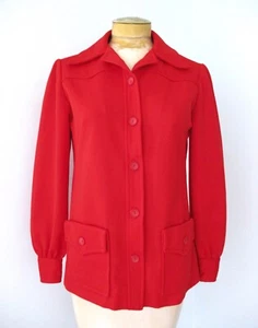 Vintage 60er 70er rot Poly Strick Knopf Jacke Bluse Top Western Shacket Taschen S/M - Bild 1 von 6
