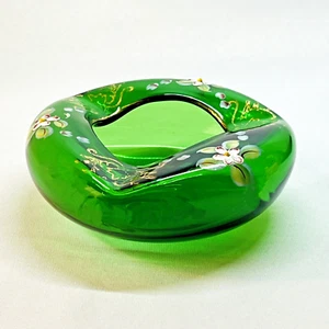 Böhmische Vintage Kunst Glas Tschechisch Grün Schmuck Goldrand Handbemalt Blumen - Bild 1 von 8