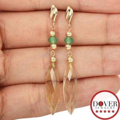 Estate Emerald Lemon Quartz 14K Yellow Gold Dangle Drop Earrings 2.5 Grams NR - Image 1 of 4