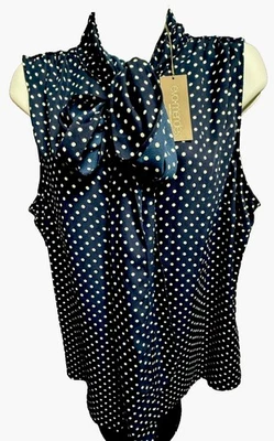 $50 New York & Co. Women’s- Eva Mendes Bow Tie Neck Blouse-Navy-Large-New Tag - Image 1 of 4