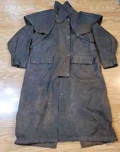 Vtg KAKADU TRADERS Australia Jacket Duster Trench Adult Small Brown Oil Skin - Picture 1 of 21