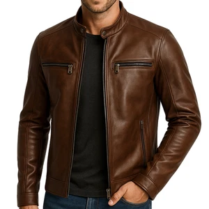 Mens Cafe Racer Biker Real Leather Jacket Casual Wear Sheepskin Vintage Style - Picture 1 of 5