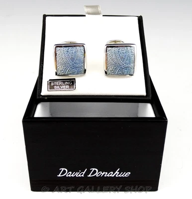 David Donahue Sterling Silver & Enamel Paisley Light Blue Cufflinks .925 w/ Box - Image 1 of 4