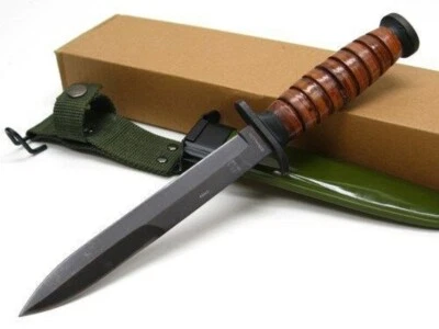  WWII Trench Fighting KA Knife Reproduction w/ Sheath & Belt Bar, Leather Handle - Image 1 of 4