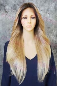 Light Blonde Ombre Rooted Long Straight Lace Front Human Hair Blend Wig EVFL