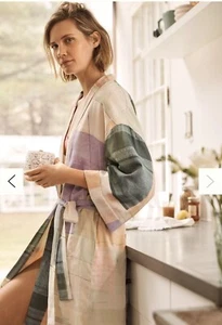 Anthropology Linen Watercolor Sherpa lined Plaid Kimono Robe M/L loungewear read - Picture 1 of 24