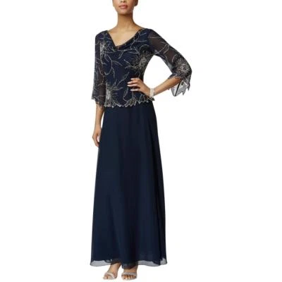 J KARA ~ Vestido Formal Azul Marino Chifón Cuentas Popover Línea A Manga 3/4 6 NUEVO $269 Foto 1 de 4