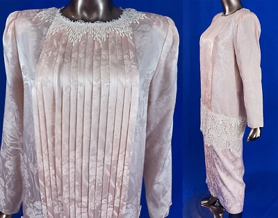 Vestido Vintage Jessica McClintock Plisado Rosa Seda Damasco Blanco Encaje Cintura Caída  Foto 1 de 3