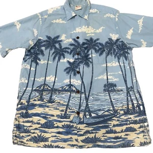 Go Barefoot Vintage Hawaiian Shirt Men's L Blue Palm Trees Pattern 100% Cotton - Picture 1 of 9