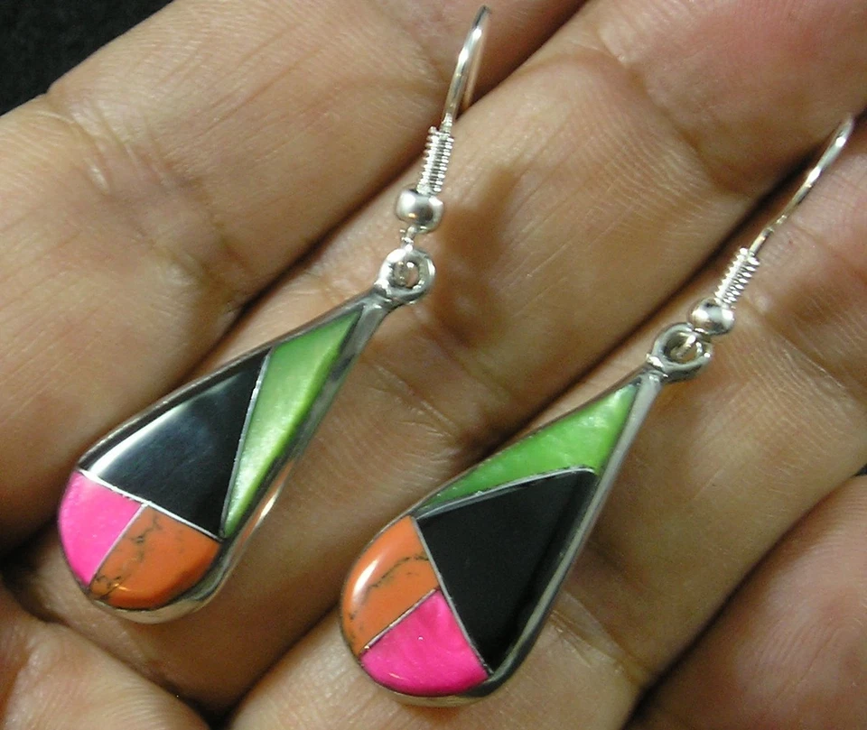 Brincos folheados a prata verde laranja incrustados de pedra preciosa ônix jaspe resina lágrima - Imagem 1 de 1