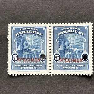 57139 PARAGUAY 1940 Sc #385 5Ps PERF PROOFS + "SPECIMEN" Ovpt MNHOG Gr Pair SP* - Bild 1 von 2