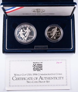 1994 World Cup USA Two-Coin Proof Set Silver $1 Clad 50c U.S. Mint COA - Picture 1 of 5