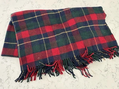 Pendleton Vintage Blanket Red Navy Plaid Wool Green Red Blue Fringe Fast Ship - Image 1 of 4
