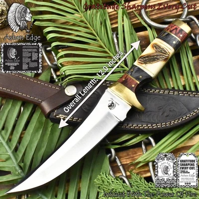 Ashen Edge Custom Forged Bowie Knife 440C Steel Bone and Wood Brass Guard Hiking - Image 1 of 4