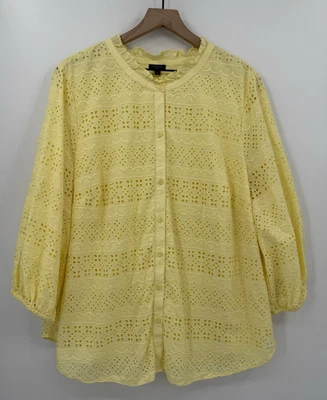 Camisa Talbots Feminina 2X Amarelo Ilhós Botão de Renda Colorida Preppy Blusa Algodão - Imagem 1 de 4