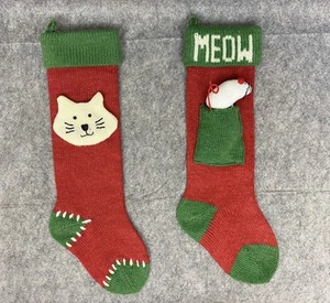Two Knit Christmas Stockings Kitty Cat Face Pocket Mouse Meow Holiday Pet - Picture 1 of 7