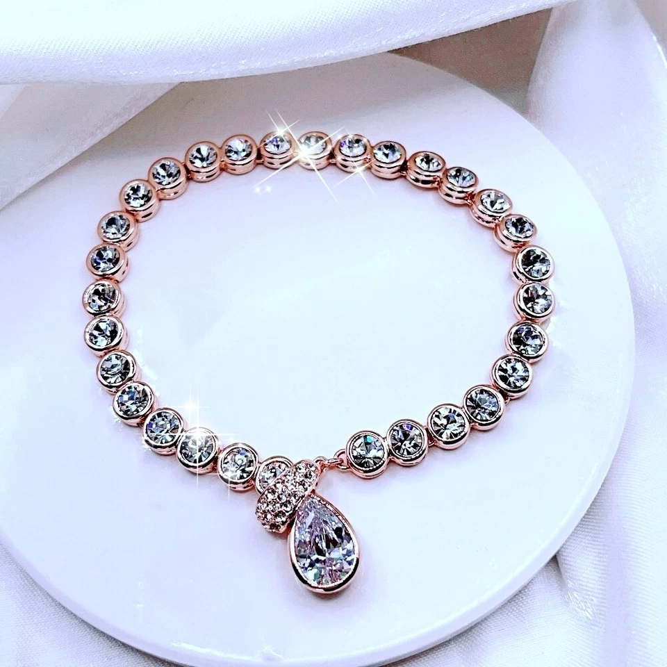 Hecho con SWAROVSKI Cristal Gota de Agua 18k Oro Rosa Relleno Tenis Pulsera Foto 1 de 4