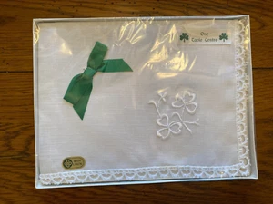 White Irish Linen Table Centre w/Embroidered Shamrocks Crocheted Edge New in Box - Picture 1 of 7