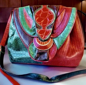 Sharif Vintage 80er USA Leder Schulter Handtasche Schlangenleder Kroko Print - Bild 1 von 15