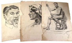 Original Thomas Lyon Russell Drawings (x3) Self portrait? Woman Nude Man - Picture 1 of 19