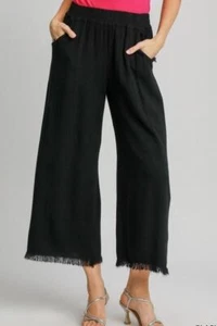Pantalones de pierna ancha XL negros mezcla de lino cintura elástica - Imagen 1 de 3