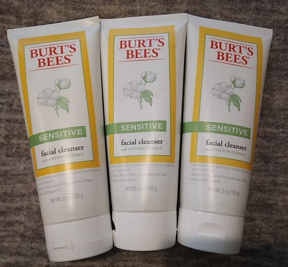 3 Pack Burt's Bees Sensitive Facial Cleanser, With Cotten Extract 6oz  Foto 1 de 4