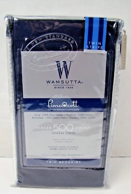 Wamsutta Damask Navy Blue Stripe Twin Bed Skirt 500-Thread Count Pima Cotton NEW - Image 1 of 4
