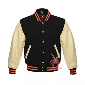 Varsity Men's Letterman Baseball Black Wool Genuine Cream Leather Sleeves Jacket - Bild 1 von 6