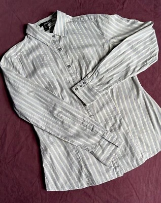Women striped shirt Mango Fitted sire L Grey Yellow White Stretchy Cotton Work - Image 1 of 4
