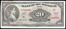 Mexico P-54i Banco de Mexico 20 Pesos JP-E,25.1.1961  EF/AU