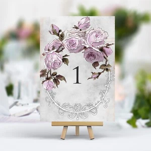 Carte nome tavolo da sposa stile vintage numeri - rosa fiore lilla shabby chic - Foto 1 di 4