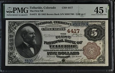 1882 Brown Back Ch #4417 First NB of Telluride, CO PMG Ch XF 45 EPQ - Image 1 of 2