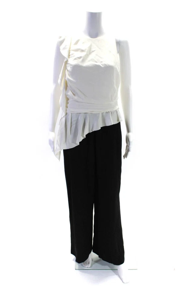 Rachel Zoe Womens Colorblock Print Ruched Flared Jumpsuit White Black Size 10 - Image 1 of 4