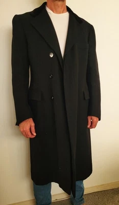 Black Wool Overcoat Duster w/ Velvet Collar Hand Tailored, Men's 40R Long Formal - Image 1 of 4
