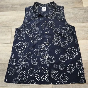CAbi Navy Blue White Dandelion Peplum Back Button Up Blouse Women's Medium - Picture 1 of 7