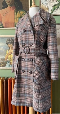VINTAGE 60s 70s BROWN PRINCE OF WALES PLAID CHECKED MOD WOOL TRENCH COAT 12 MOD - Image 1 of 4