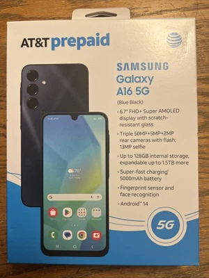 AT&T SAMSUNG GALAXY A16 5G PREPAID SMARTPHONE 128 GB - Blue Black BRAND NEW - Image 1 of 2