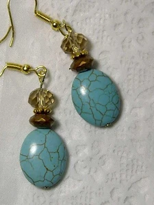 CYNTHIA LYNN "MALIBU" GOLD PLATED GREEN TURQUOISE & BROWN BEADED EARRINGS - Picture 1 of 1