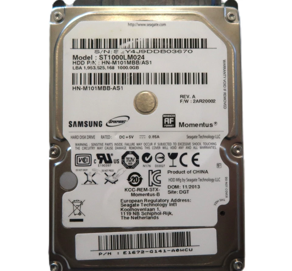 Samsung ST1000LM024 HN-M101MBB/AS1 (S2Y) E1672-G141 2AR20002 2.5" 1TB 11/2013 - Image 1 of 1