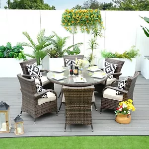 Brown 6-Seat Round Wicker Outdoor Dining Set - Table with Chairs - Picture 1 of 6
