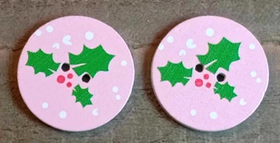 2 Holly Leaf Sewing Buttons Crafting Round 2 Hole Flat Wood 1"  - Image 1 of 2