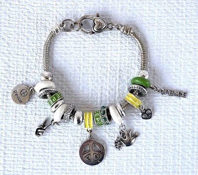 Charm Snake Bracelet Peace White Dove Olive Branch, Silver Finish 7.5” Lob Clasp - Image 1 of 4