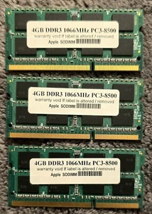 12GB 3x4GB DDR3 SODIMM PC3-8500 1066MHz - MacBook Pro, iMac 2008, 2009, 2010 - Picture 1 of 1