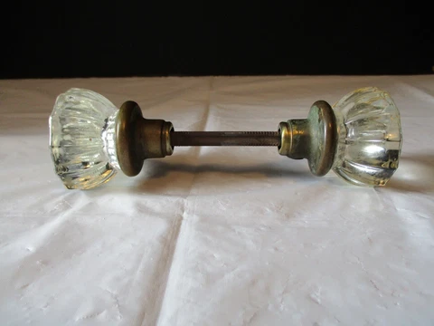 Vintage Glass and Brass Door Handle Doorknob with Shaft Cover