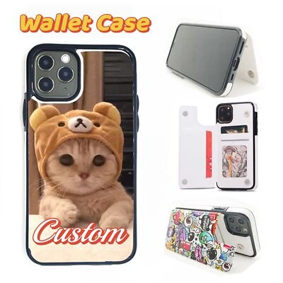 Custom Flip Leather Wallet Case Cover Card Pocket Personalise For Samsung iPhone - Image 1 of 4