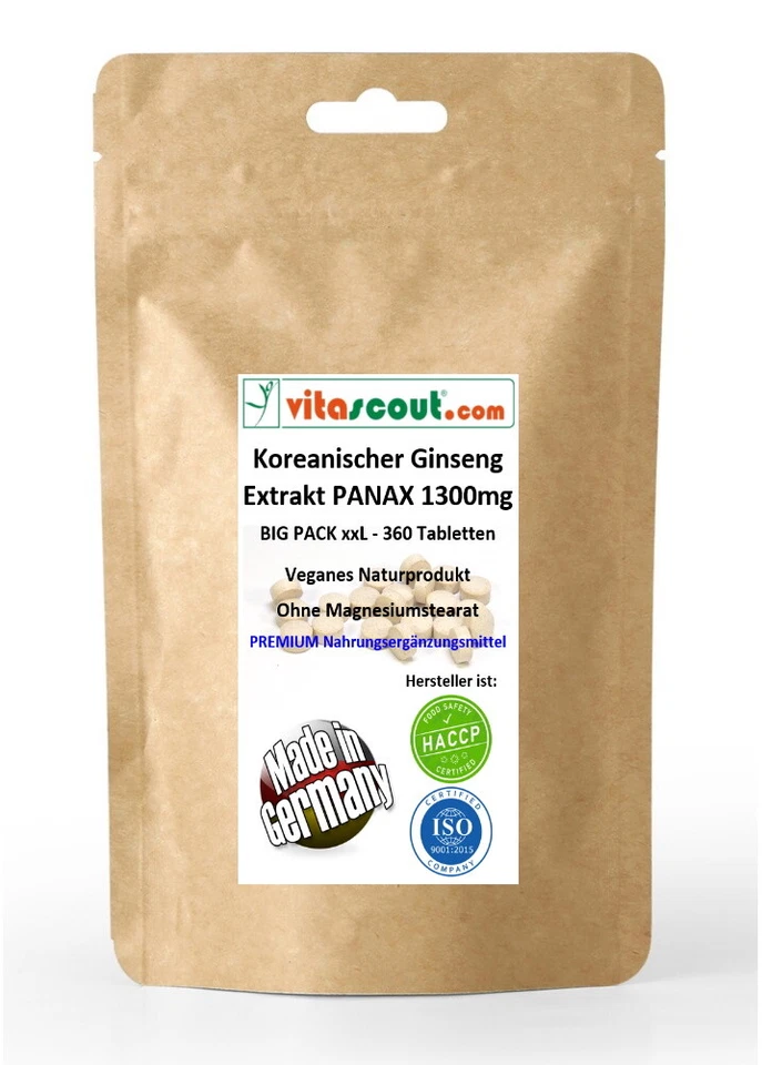 VITASCOUT_COM Koreanischer Ginseng 360 Vegi Tabletten - PANAX Extrakt - 1300mg MADE IN GERMANY
