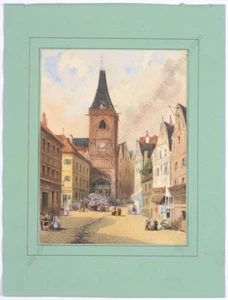 Eugene Poire (1805-1850) "Town scene", watercolor, 1829 - Picture 1 of 2