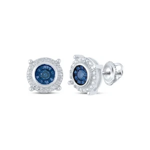 Sterling Silver Round Blue Color Enhanced Diamond Stud Fashion Earrings 1/10 Ctw - Picture 1 of 1