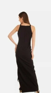 RRP €495 BADGLEY MISCHKA Column Gown Size 4 / S Black High Slit Velvet Straps XS - Picture 1 of 6